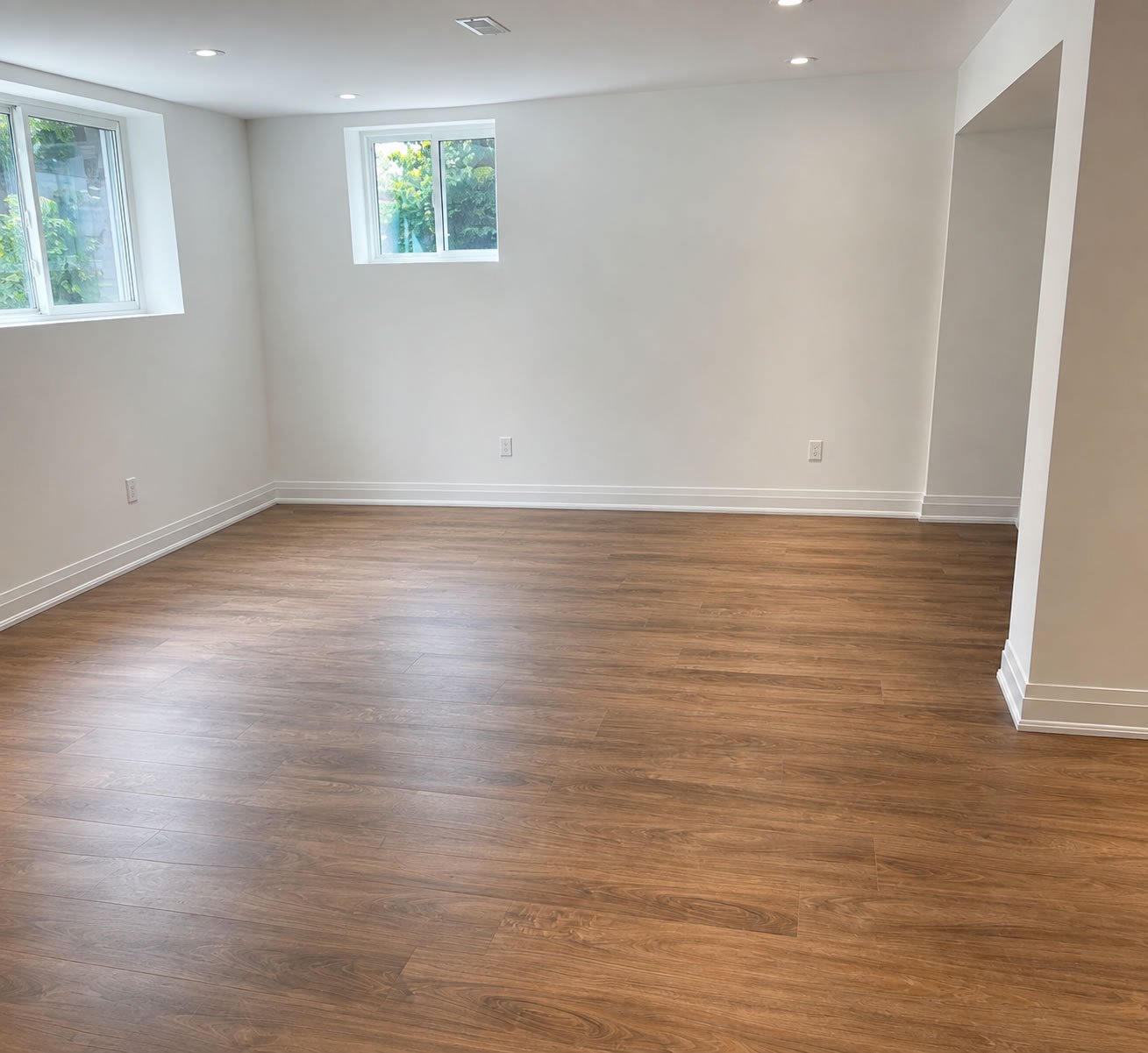 Finished basement with vinyl plank flooring and pot lights GTA